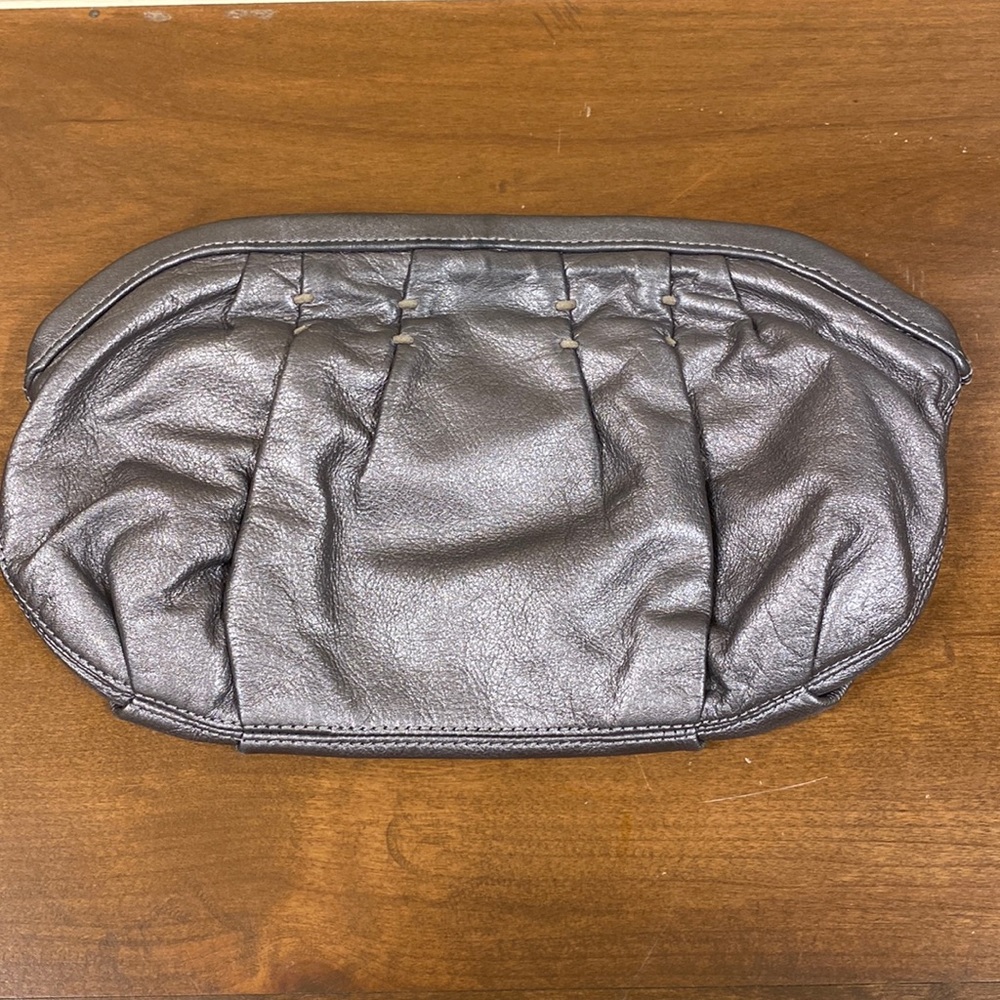 Silver leather large clutch with silk trim